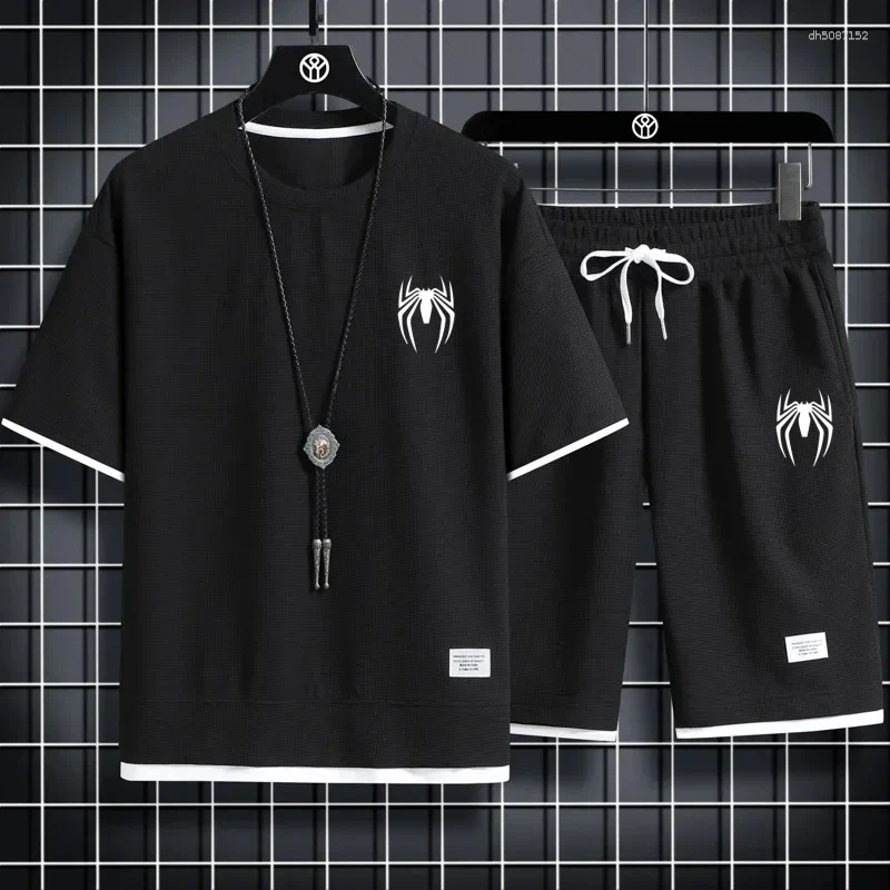 Men's Tracksuits Summer Fashion Brand Casual Sports Set Round Neck Loose Short Sleeved Shorts Waffle Two Piece