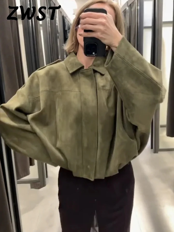 Green Suede Jacket For Women Fashion Lapel Zipper Long Sleeve Pockets Bomber Coat 2025 Autumn Lady Loose Motorcycle Outwears 250804