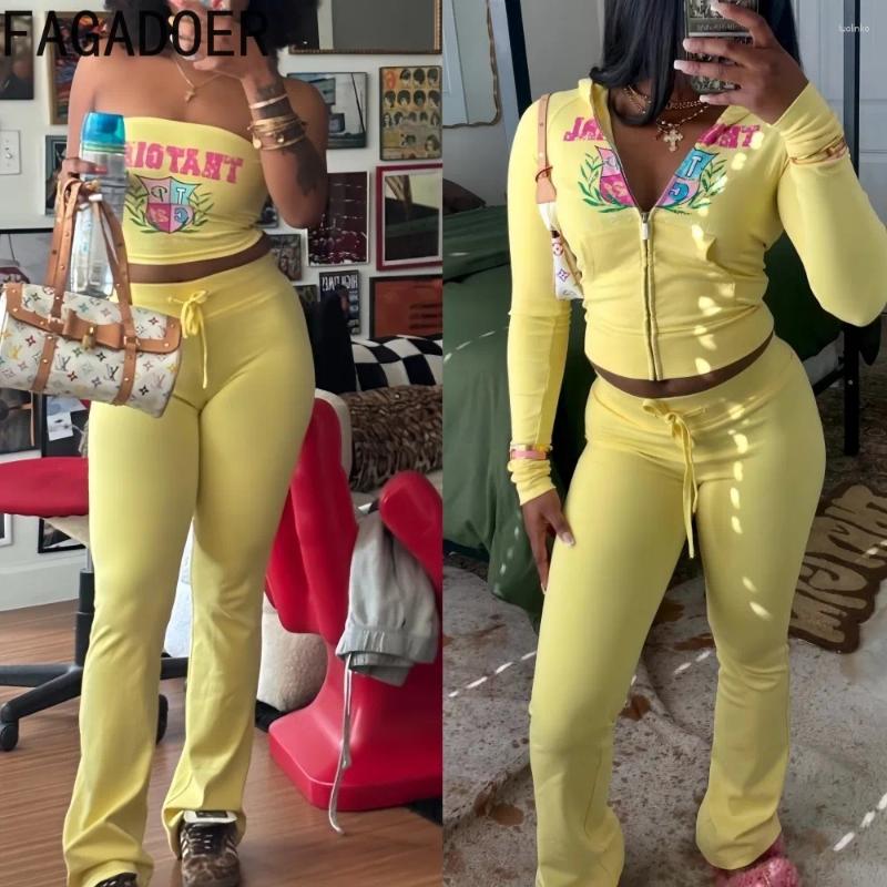Women's Two Piece Pants FAGADOER Fashion Letter Printing 2 Sets Woman Outfit Zip Crop Hooded Top Tube Suits Female Streetwear Clothing