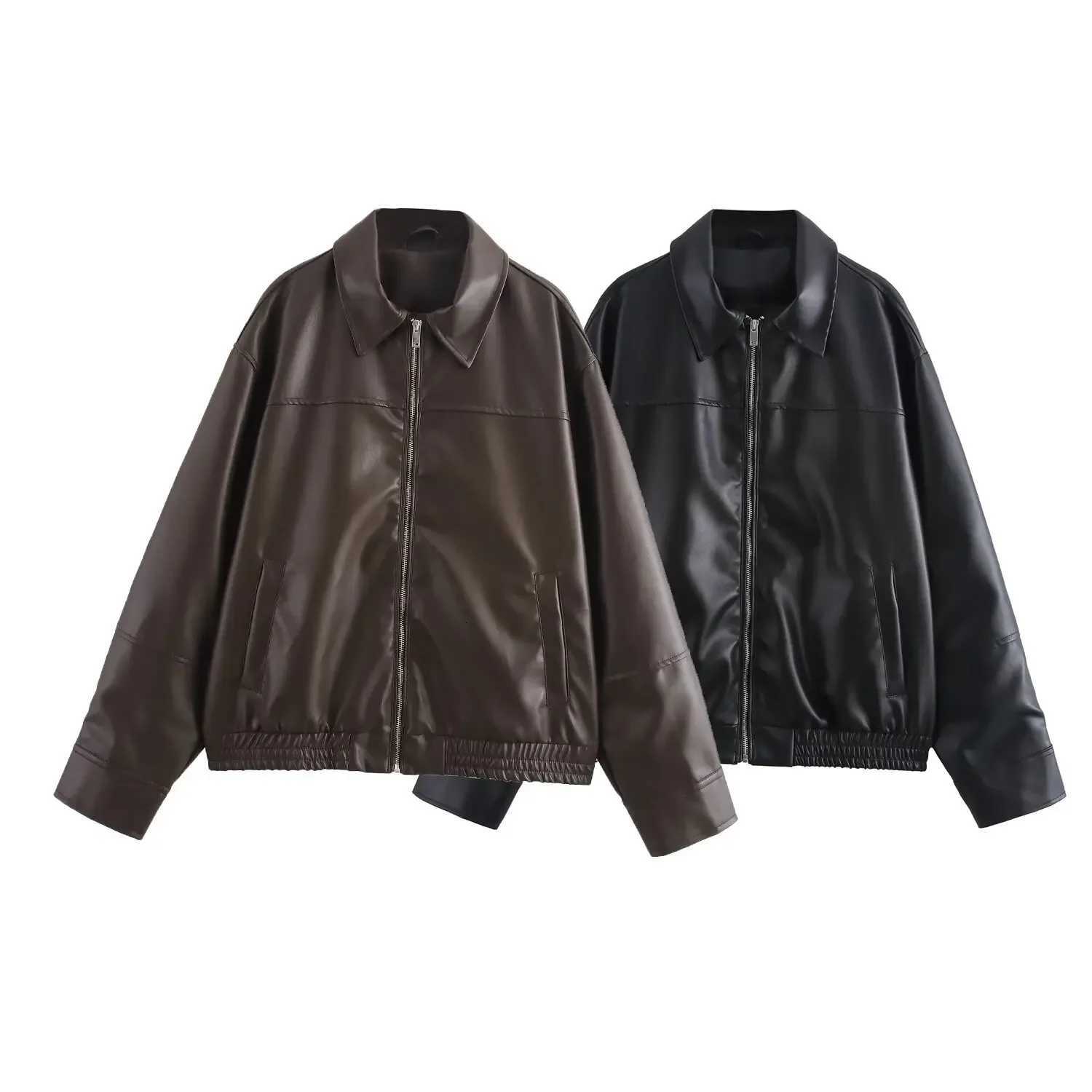 Vintage Zipper Black Collar Womens Leather Jacket Fashion Quilted Long Sleeve Pocket Coat Female New Commute Office Streetwear Z250804