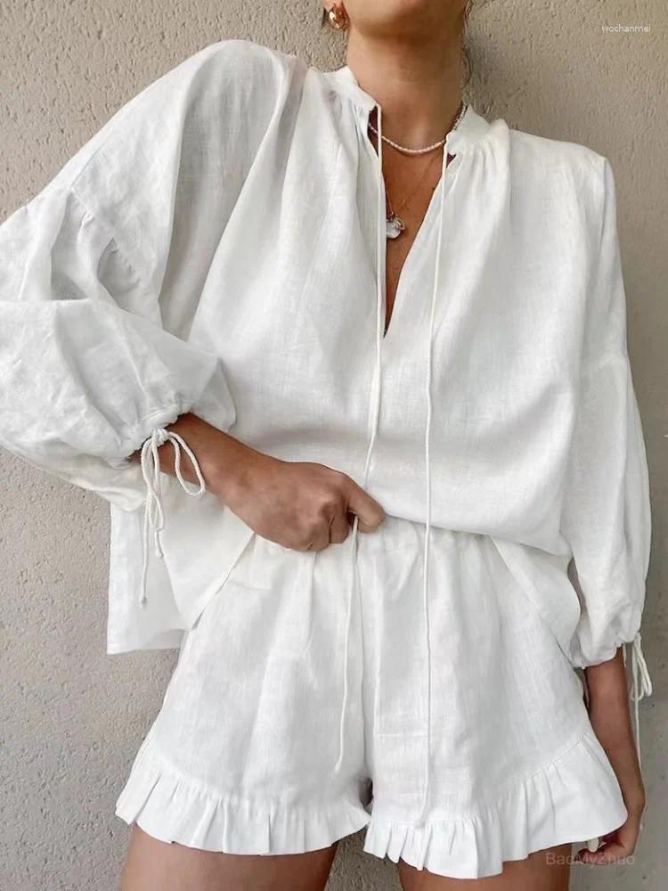 Women's Tracksuits 2025 Solid Cotton Linen Ruffle Shorts Suit V-neck Long Sleeve Drawstring Loose 2 Pieces Set Fashion Casual Beach Suits