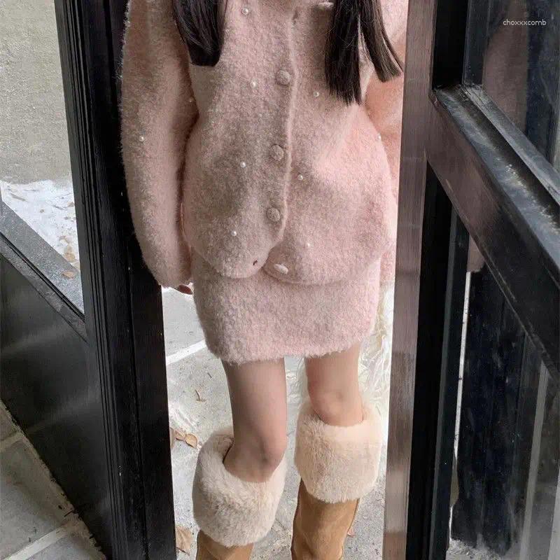 Two Piece Dress Autumn Winter Pink French Style Knit Cardigan Set For Women Soft Sweater And High Waist Skirt Sweet Elegant Outfit