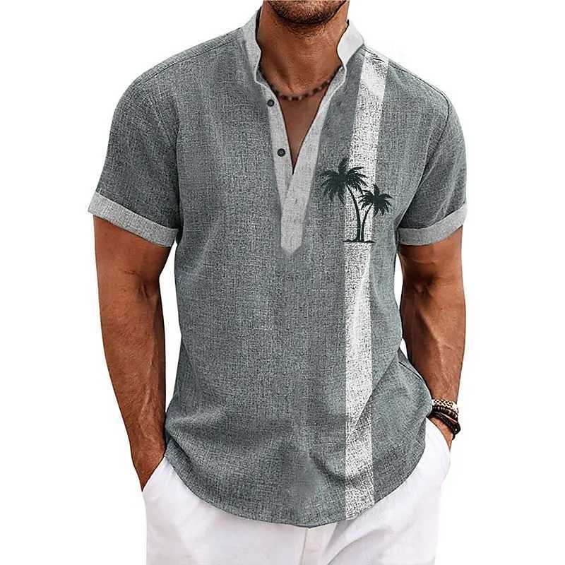 New Coconut Tree Striped 3D Print Henley Shirts Mens Oversized Button Stand Collar Short Sleeve T Shirt Tees Tops Mens Clothing W250805