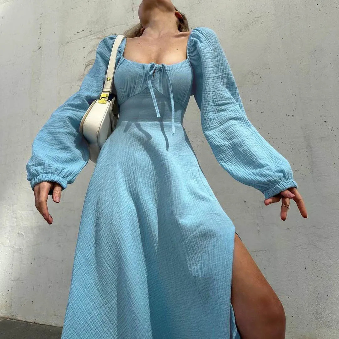 Lace-up Square Collar Sexy Dress Women Autumn Lantern Sleeve Solid Cotton Slit Robe Femme Fashion Streetwear Ladies Midi Dresses 250801