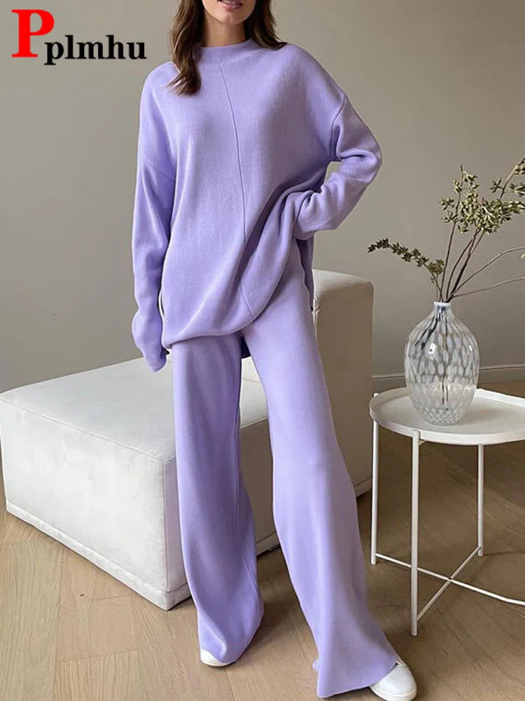 Korean Knit 2 Piece Sets Women Knitwears Half Turtleneck Pullover Tops Conjuntos Loose High Waist Wide Leg Sweatpants Tracksuit 250801