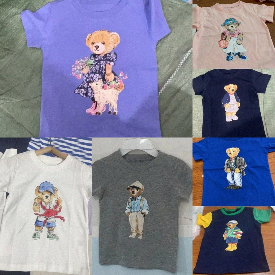 Kids T-shirts Toddlers Short Sleeve tshirts Boys Girls Cartoon Bear Printed Cotton Tops Children Youth Round Neck Tees Black White Blue Orange Ye-image-1069881344
