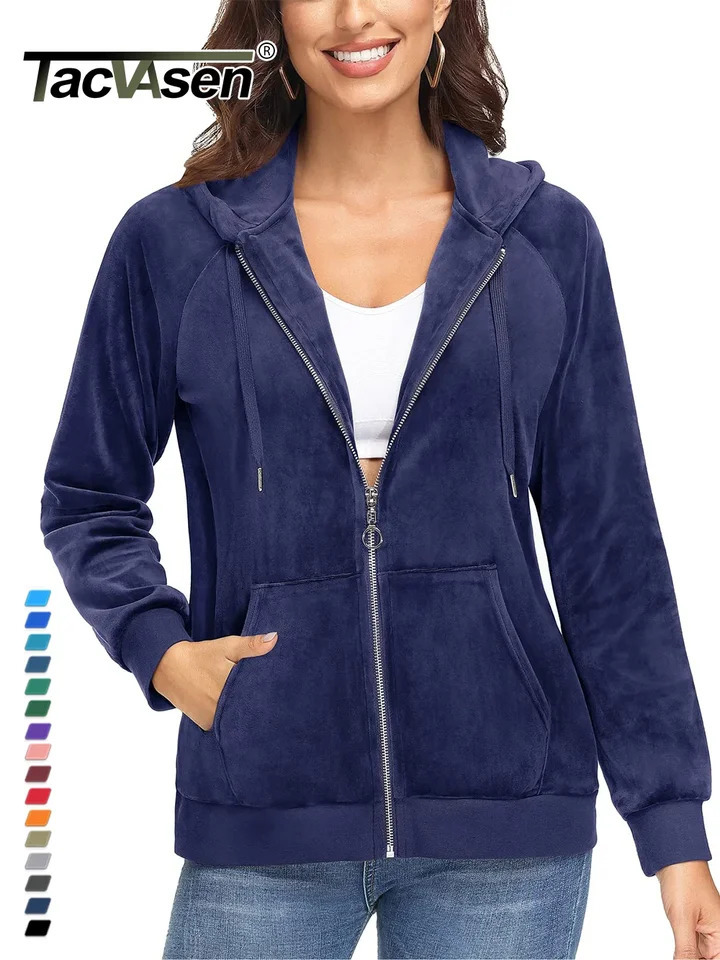 TACVASEN Full Zip Velour Jackets Womens Hooded Fleece Jacket with Pockets Autumn Winter Casual Sweatshirts Outwear Female Coat 250801