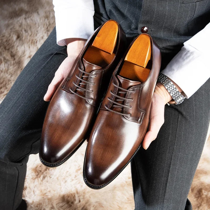 Wood Pattern Derby Shoes Men Breathable Mens Dress Shoes High Quality Leather Office Wedding Shoe Lace Up Hand-colored Business 250801
