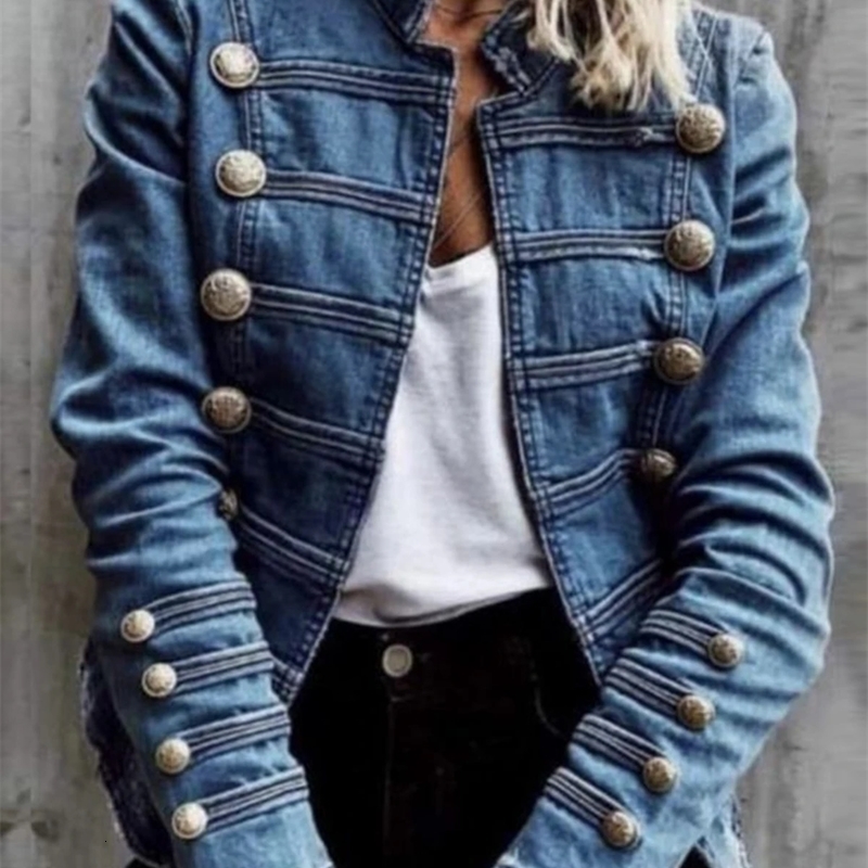 Womens Denim Jackets Autumn Winter Button Vintage Stand Collar Long Sleeve Streetwear Denim Coat Fashion Outerwear 250709