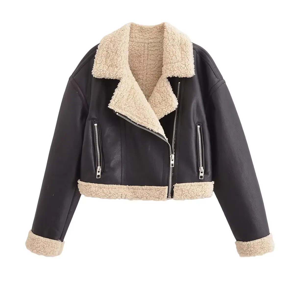 autumn womens long sleeved lapel jacket with fur integrated lamb wool warm motorcycle jacket 250804