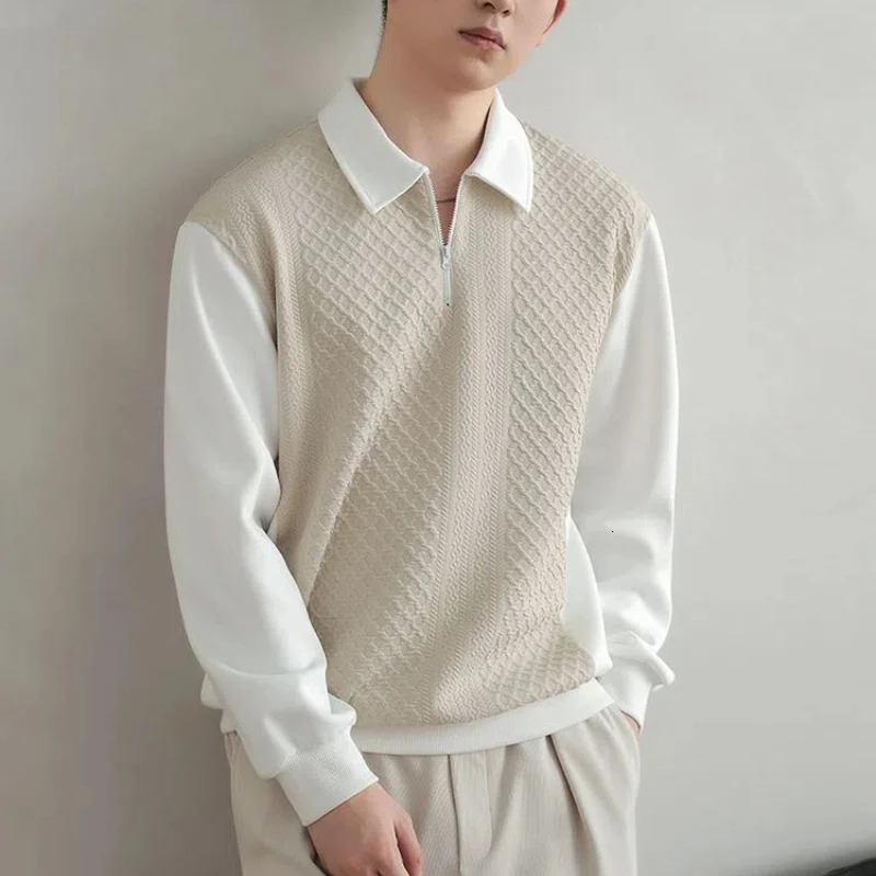 Trend Fashion Men Polo Shirts Spring Autumn Lapel Half Zipper Two Pieces Contrast Color Korean Casual Long Sleeve Tops 250804
