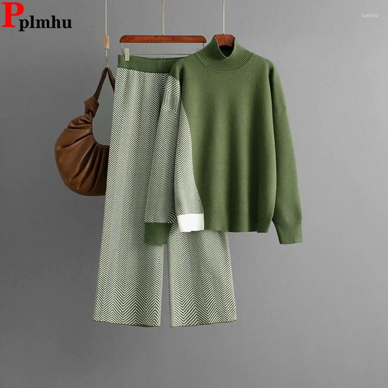 Women's Two Piece Pants Korean Fashion Loose Knitted 2 Sets Women Casual Long Sleeve Sweater Pullover Conjuntos High Waist Straight Outfit