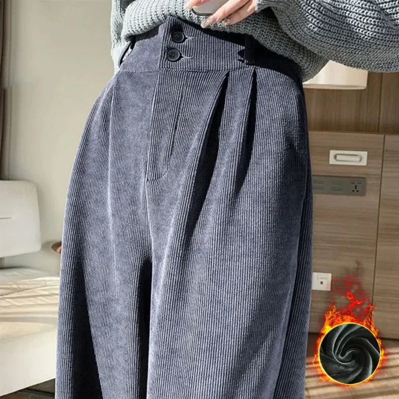 Ins Trendy Women Korean High Street Wide Leg Trouser Autumn/winter Thick Warm Womens Pant Fashion Corduroy Loose Button Trouser250804