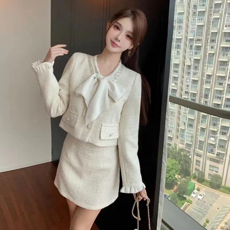 Two Piece Dress 2025 Spring French Style Tweed Bow Jacket And High Waist Skirt Set For Women Elegant Slim Fit Chic Outfit Fashion