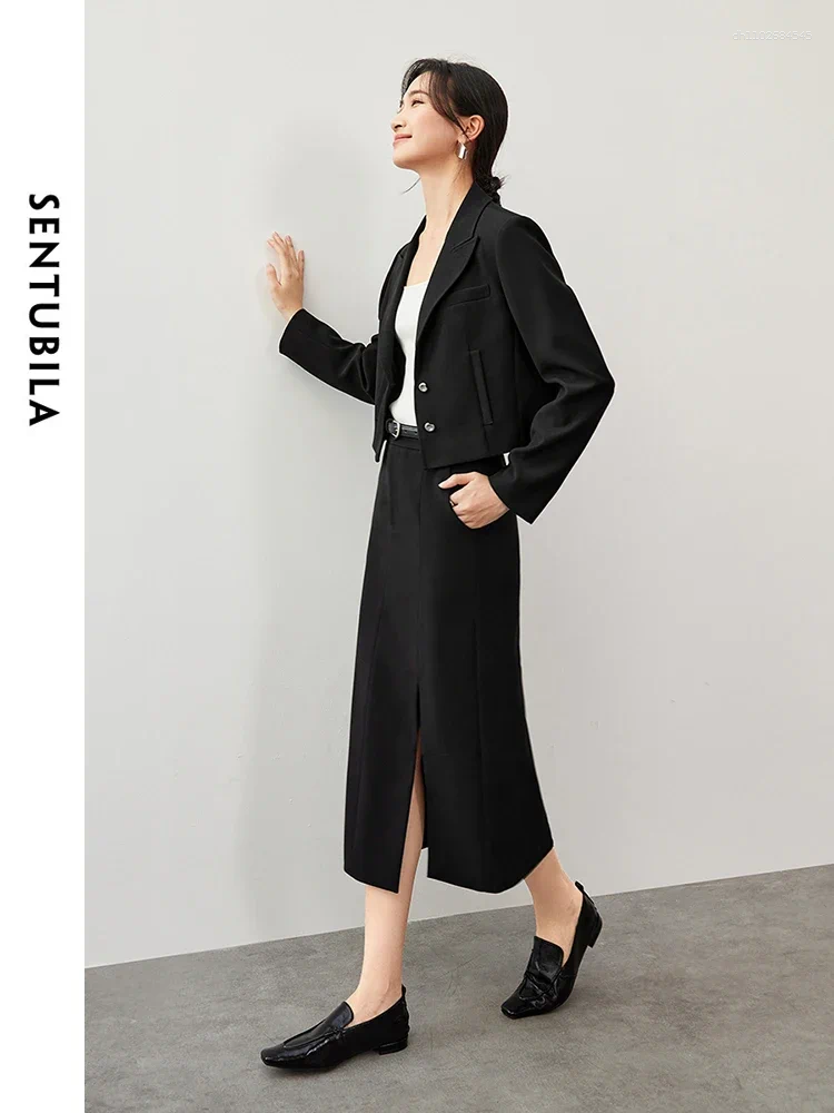 Two Piece Dress SENTUBILA Women's 2 Black Skirt Sets 2025 Autumn Straight Slit-Hem Office Lady Business Blazer Evening Suit143Z56481
