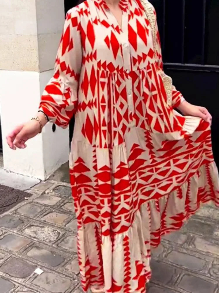Women Print Long Sleeve Dress V-neck Long Sleeve High Waist Single Breasted Long Skirt Holiday Loose Casual Womens Clothes 250728