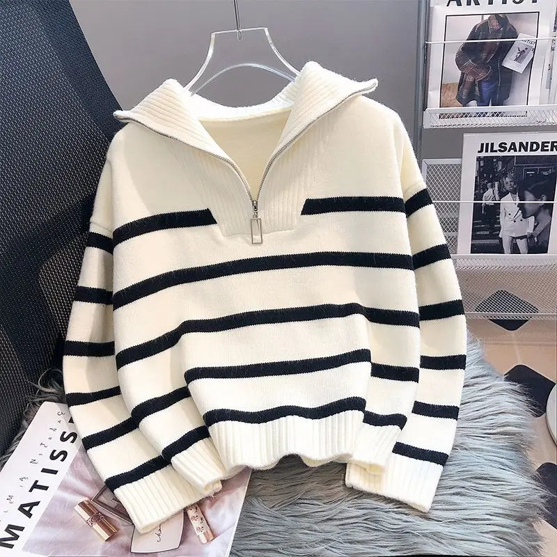 Sweater Pullover Women Spring and Autumn Underwear Zipper Stripe Underlay Short Style Premium Sweater Female 250801