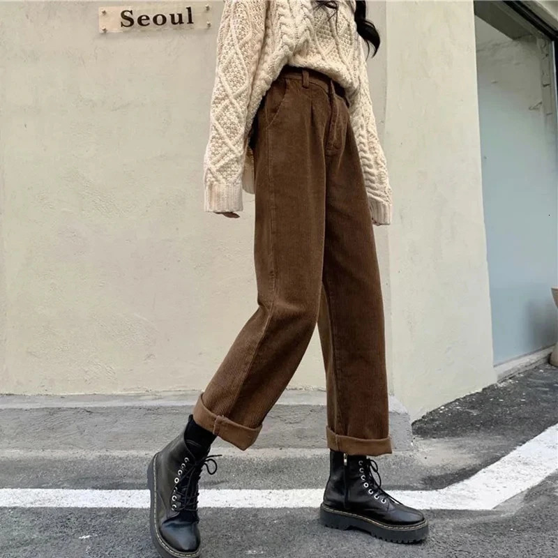 Vintage Corduroy Wide Leg Pants Women High Waist Pockets Baggy Trousers Streetwear Korean All Match Black Casual Straight Pants250804