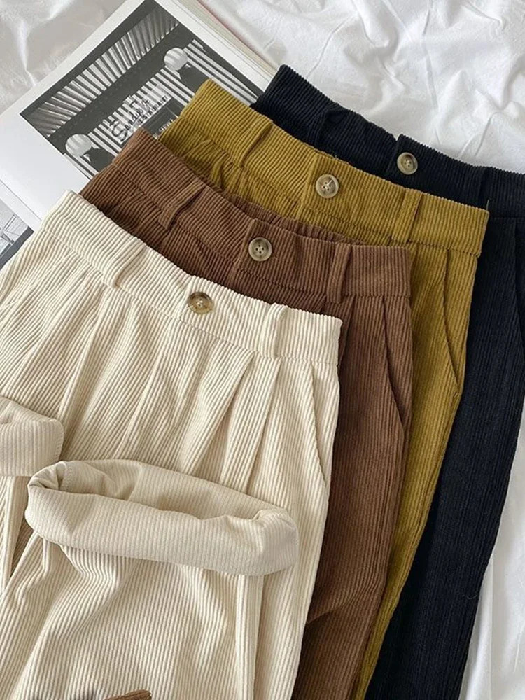 Vintage High Waist Corduroy Pants Women Spring Fall Straight Causal Full Length Trousers Korean Fashion All Match Black Pants250804