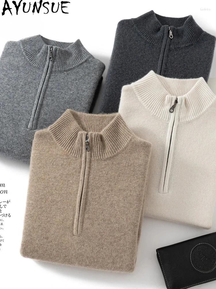 Men's Sweaters AYUNSUE 35%Cashmere Soft T Shirt Zipper Long Sleeve Business Casual Warm Thick Sweater 2025 Autumn Winter T47915QM
