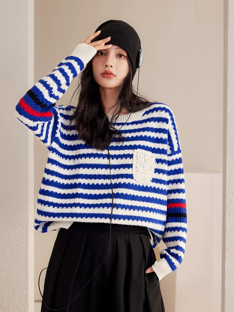 Autumn Fashion Sense Niche Sweater Women Stripe Sweater Streetwear Long Sleeve Knitted Tops Female Loose Pullover 250801