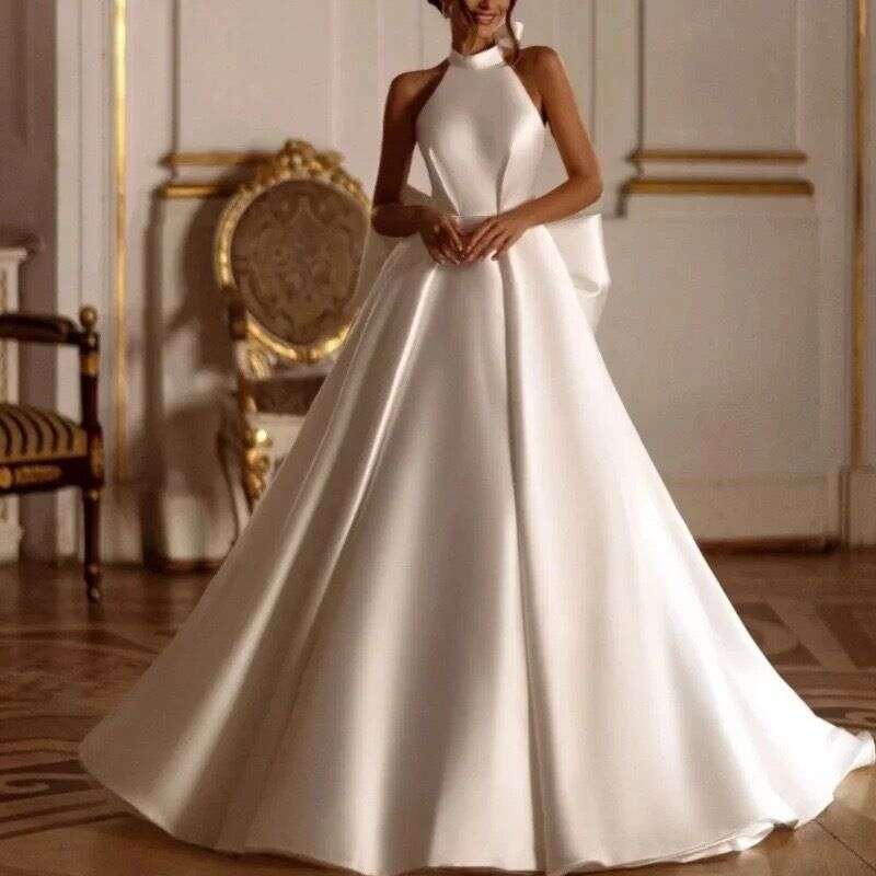 Women's Clothing light high end satin wedding simple sexy front slit bride out of the veil classic halter neck evening dress