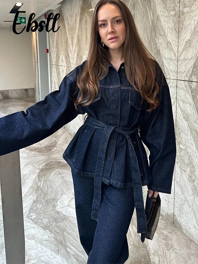 Women's Two Piece Pants Vintage Belt Denim Jacket Jeans Set Women Solid Lapel Lace Up Buttons Coats High Waist Straight 2025 Lady Chic