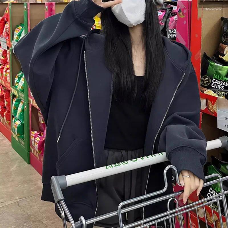 Women's Hoodies Spring Autumn Loose Zip Out Hooded Solid Color Long Sleeve Woman All Match Drawstring Ribbed Outwear Female