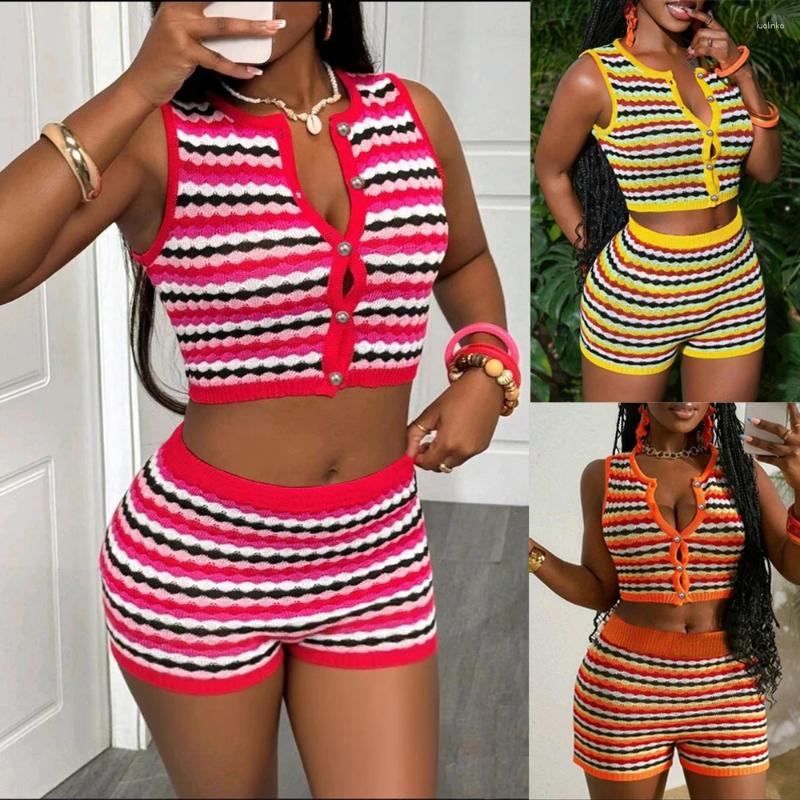 Women's Tracksuits Sexy 2 Piece Shorts Set Women Outfit Knitted Striped Tank Top And Short Suits 2025 Summer Casual Vacation Sets Y2k