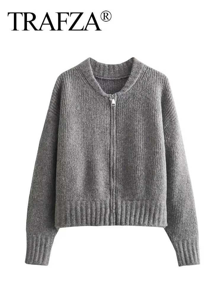 TRAFZA Women Vintage Solid Color Coat Long Sleeve Round Neck Sweater Jacket 2024 Spring Female Casual Zipper Sweater Coats Z250804