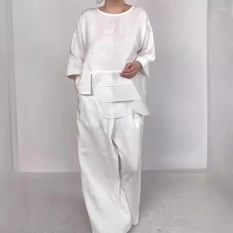 Women's Two Piece Pants Pant Sets Women Full Sleeve Tops Round Neck Irregular Loose Wide Leg Suits Solid Spliced Pockets Summer