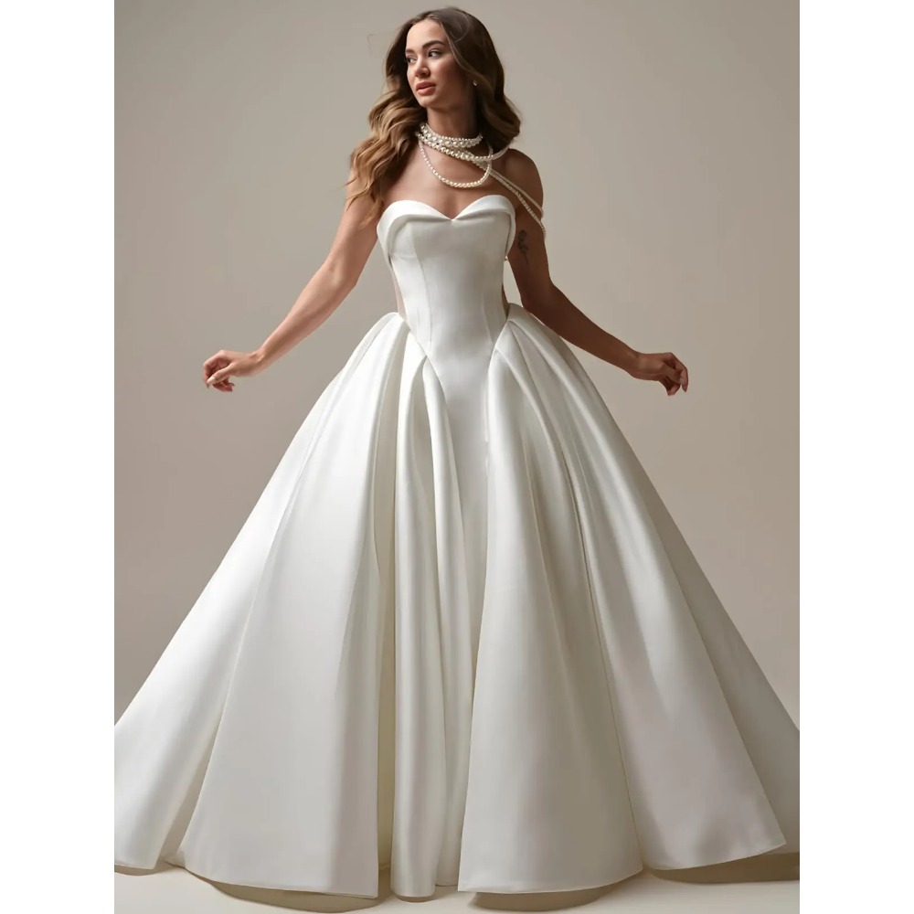 Satin Wedding Dresses Strapless Puffy Princess Bridal Gown A-Line Sweetheart Bride Dresses