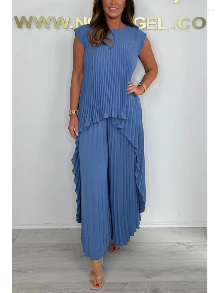 Women's Two Piece Pants Women Casual Pleated O-neck Short Sleeve Irregular Long Top Wide-leg 2piece Sets Spring Summer Fashion Solid Loose