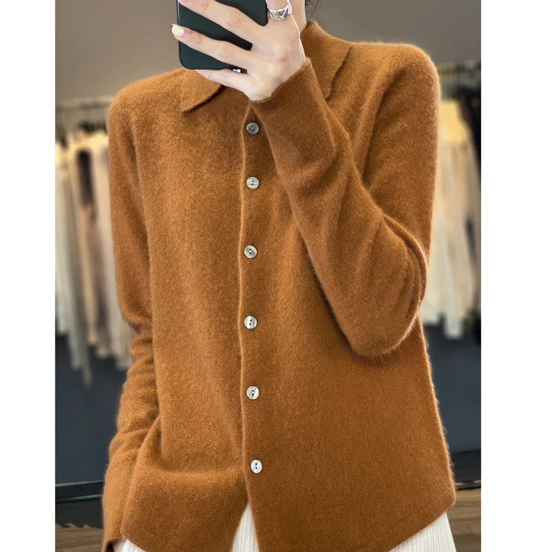 Women Merino Wool Sweater Polo Collar Tailored Cardigan Autumn Winter Cashmere Casual Knitwear Loose Soft Jacket Bottoming Tops 250801