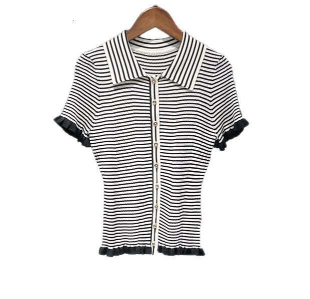 Designer Clothing 2025 Ruffles Edge Women's Striped Knitted Sweater Cardigan Single-Breasted Turn-Down Collar Short Sleeve Knitwear Tops
