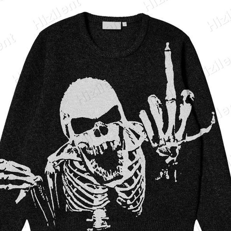 BIG PROMOTION Y2K European and American Autumn and Winter Mens Gothic Casual Black Loose Skeleton Print Vintage Knitted Sweater 250801