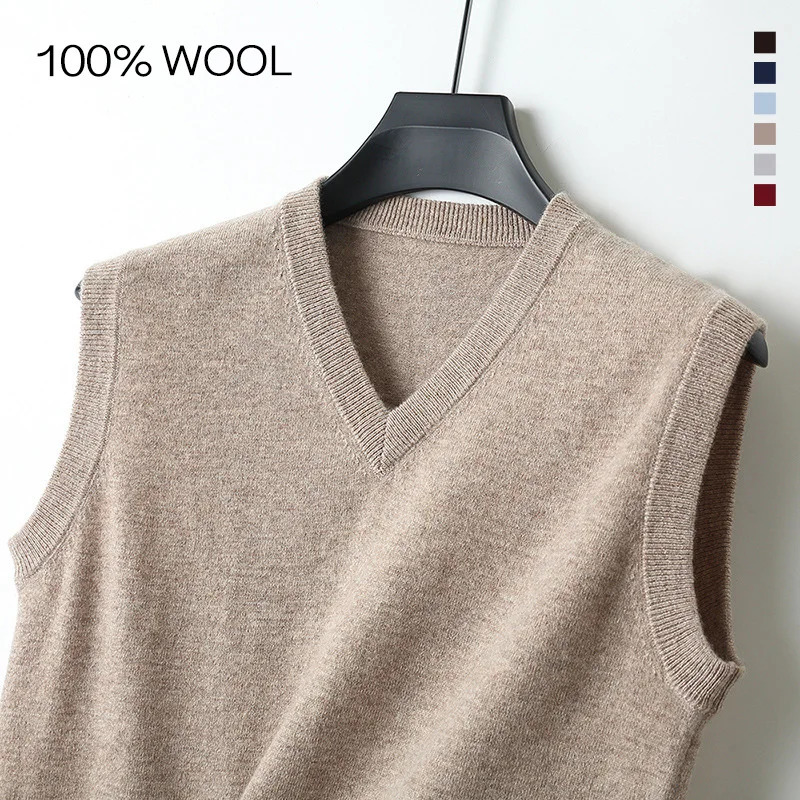 Spring Autumn 100 Merino Wool Sleeveless Cashmere Vest Men Work Sweater Solid Color Knitted Male Waistcoat High Quality 250724