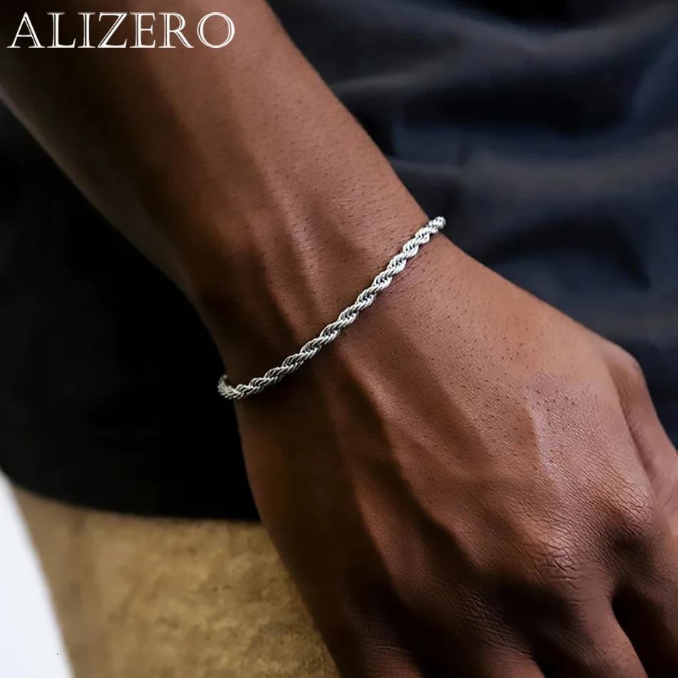 ALIZERO 925 Sterling Silver Unisex 4mm Rope Chain Bracelets for Men Women Twisted Links Bracelet Simple Classic Jewelry 250804
