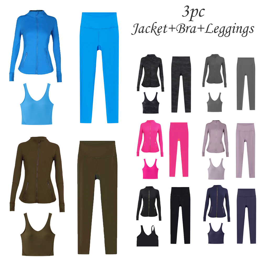 Sports Set Three-piece Jacket Vest Leggings Combo Multiple Colors Blue Black Gray Pink Purple Brown Comfortable Stylish Workout Outfit for Yoga Gym