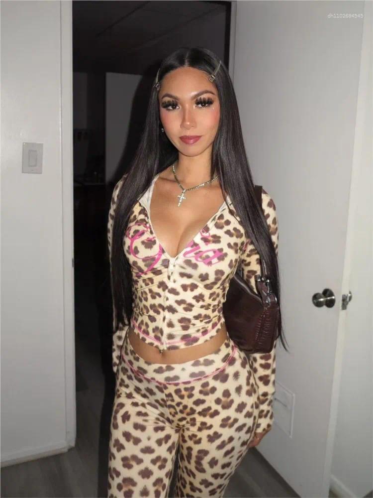 Women's Two Piece Pants Ropa Mujer Leopard Print Long Sets Women Fashion Slim Short Cardigan Tight Trousers Set Female Streetwear