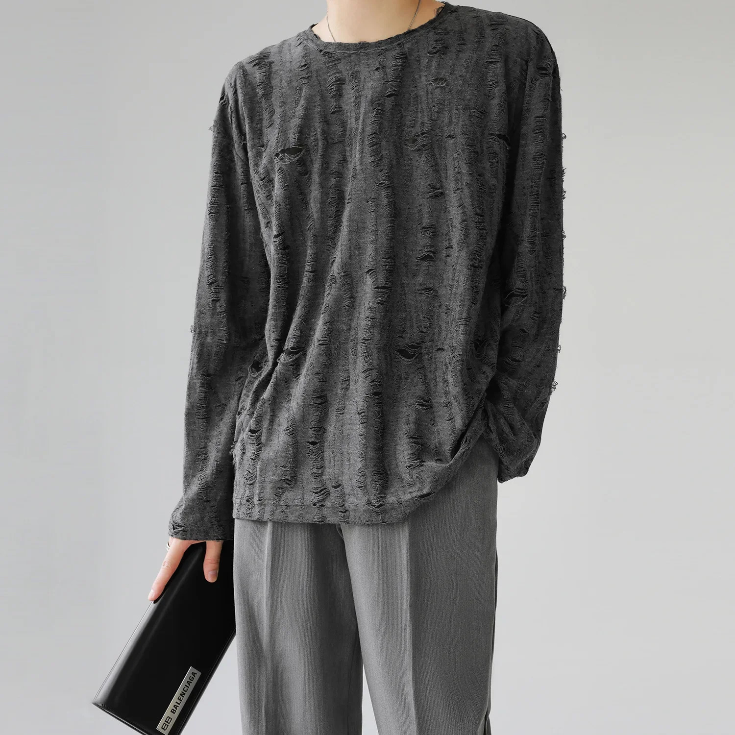 Korean Style Insniche Men Women Vintage Distressed Long Sleeve T-shirt Round Neck Loose Fit Versatile Top Trendy 250804