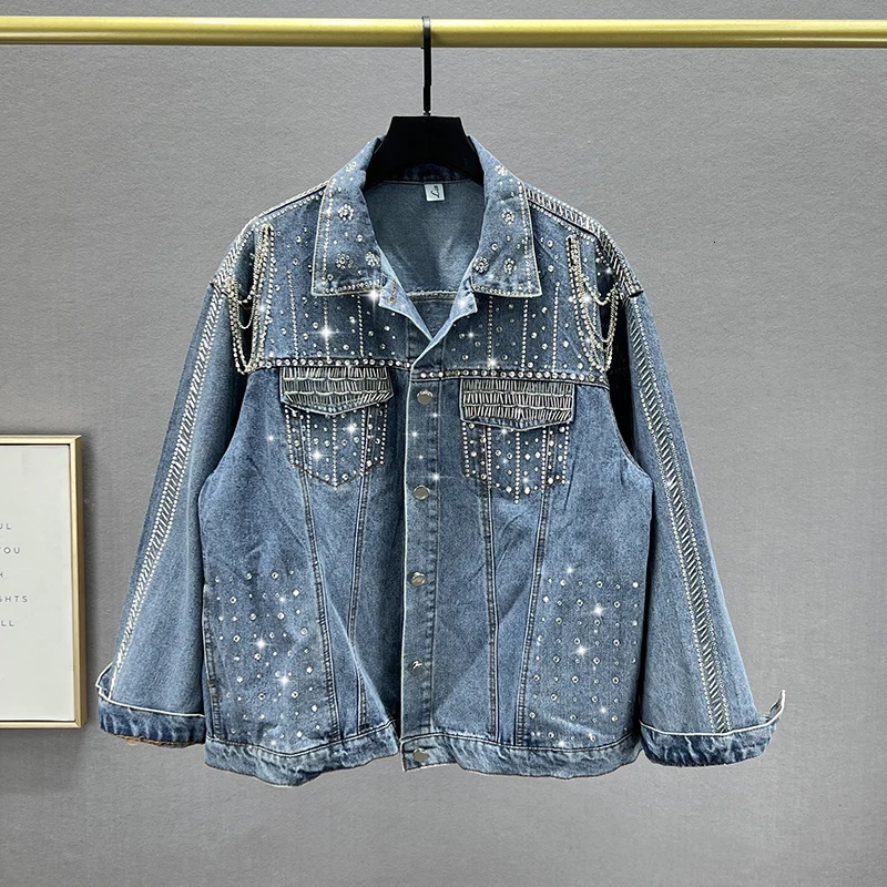 Women Patchwork Diamonds Rivets Denim Jacket Lapel Rhinestones Jeans Coats Autumn Streetwear Loose Tassels Cardigan 250804