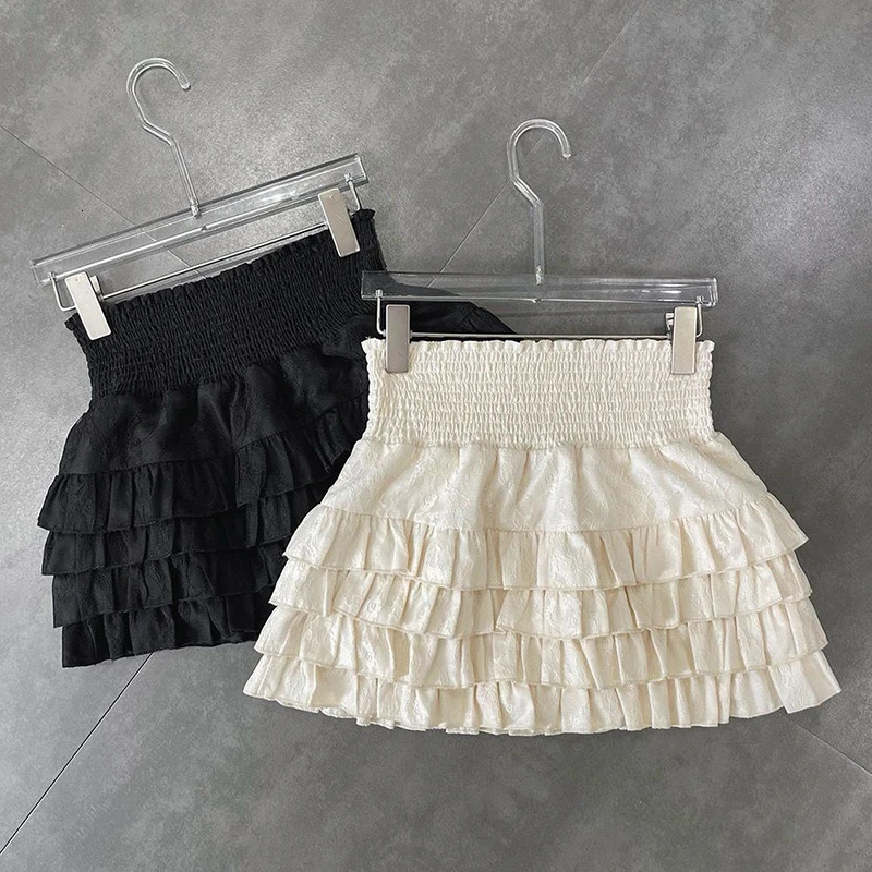Streetwear Y2k Ruffles Mini Skirts Women Sweet Kawaii High Waist Lace A Line Skirt Summer Korean Fashion Black Ball Gown Skirts 250804