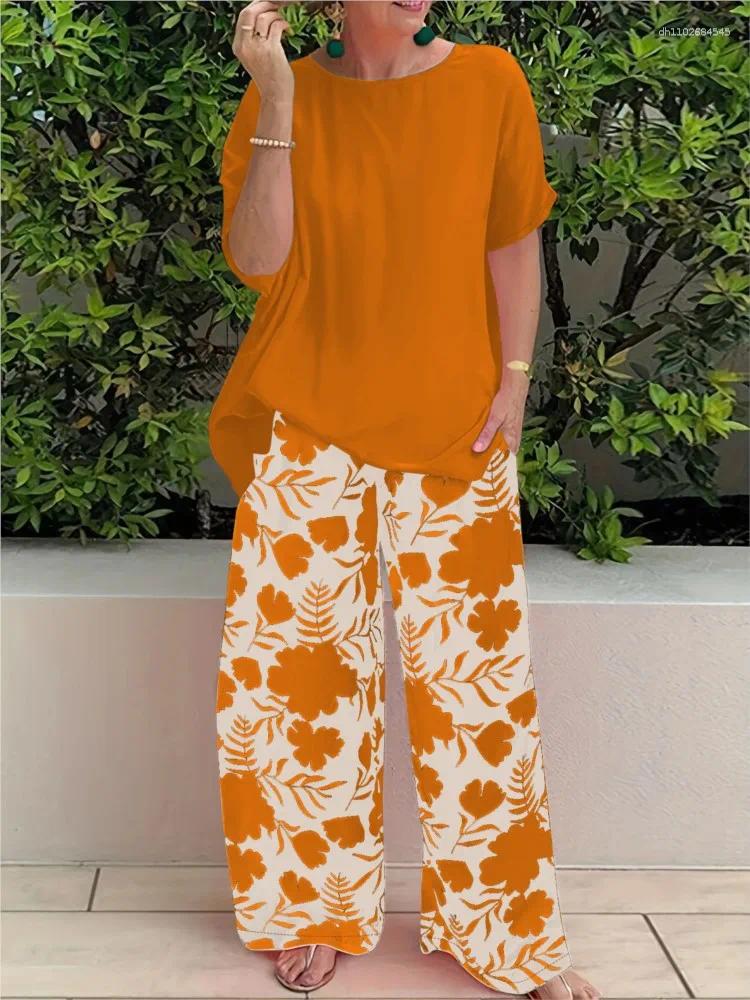 Women's Two Piece Pants Spring Summer Fashion Printed Wide Leg Solid Color Three Sleeve Short Set