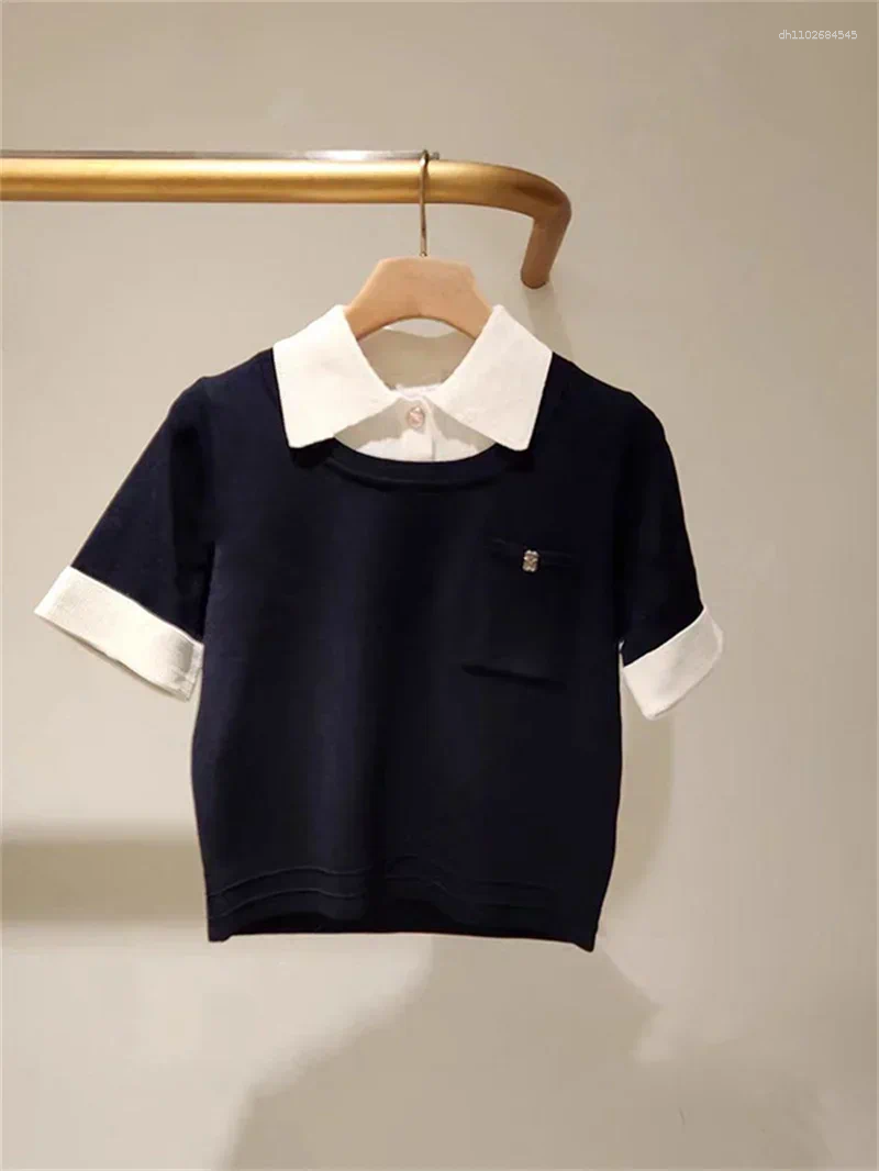Women's Sweaters Preppy Style Women Short Sleeve Knit Sweater Fake Two Piece Lady Contrast Color Turn-Down Collar Pullover Knitwears