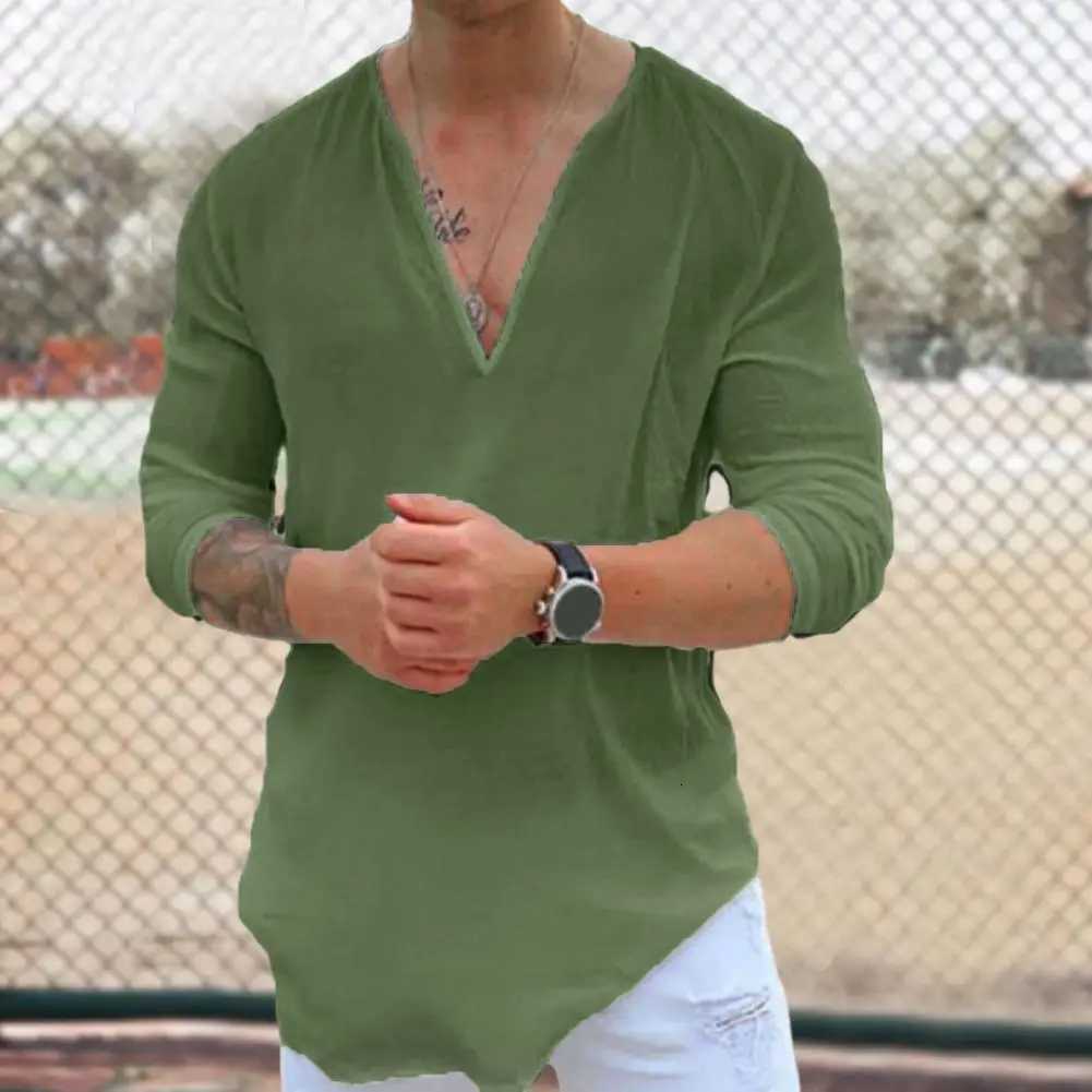 Summer Men T-Shirt Solid Color Three-Quarter Sleeves V-Neck Casual Shirt Loose Fit Sweat Absorption Shirt Top Streetwear XJ250805