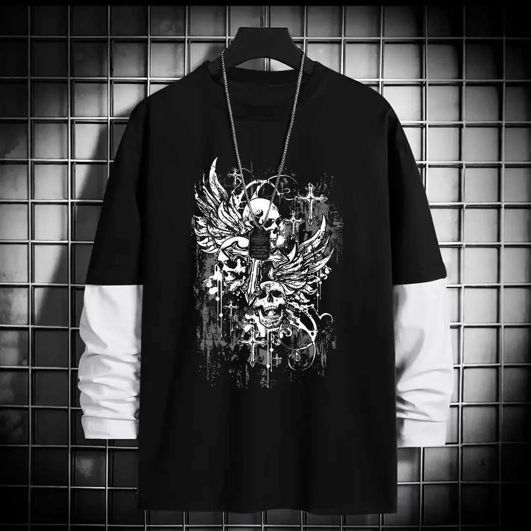 2025 New Standard Size Mens Long Sleeve Loose T-Shirt Fake Two-Piece Sleeve Spring and Autumn Printed Round Neck Top XJ250805