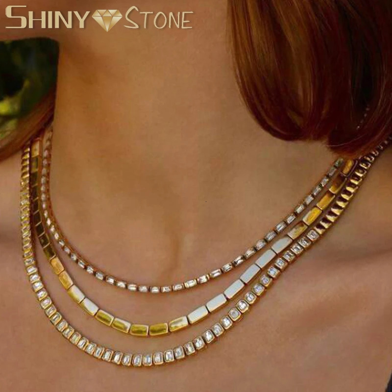 Fashion Classic Bling Rectangle Metal Beaded Tennis Chain Women Gold Color Choker Necklace Geometric Trendy Jewelry 250729