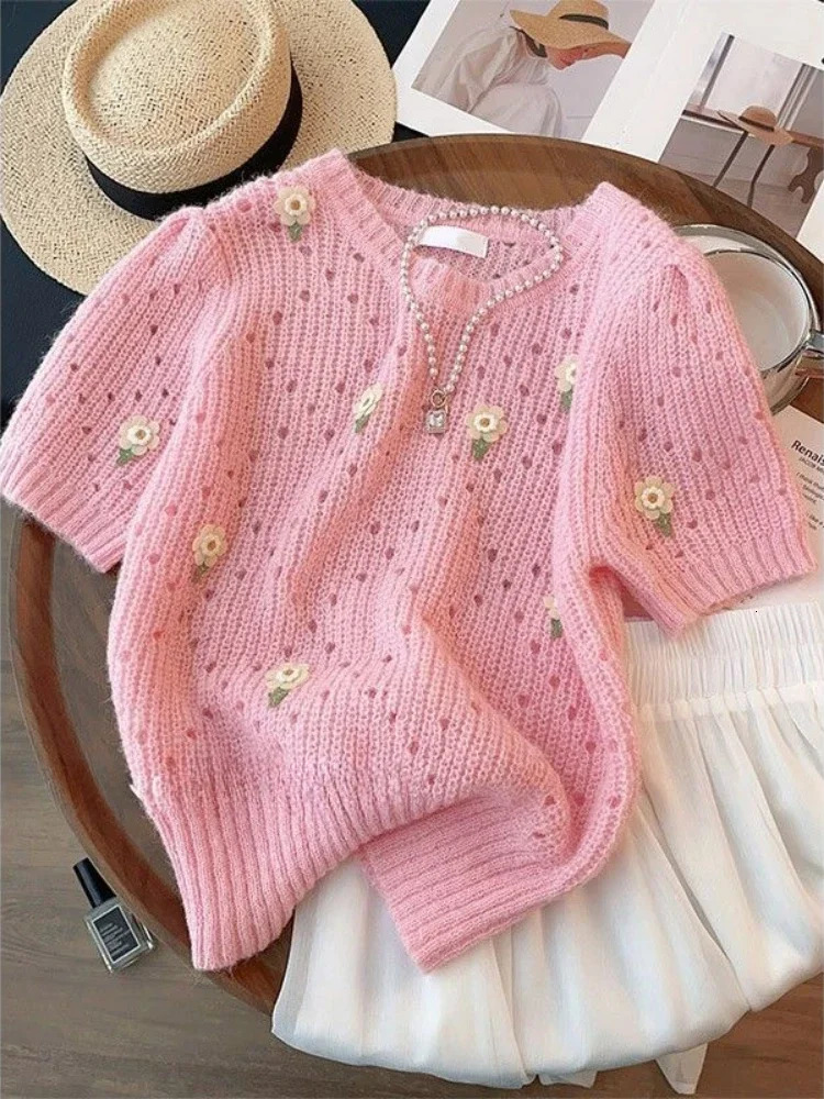 Spring Summer Sweet Pink Knitted Tops Short Sleeve T-shirt Soft Sweater Knitwear Floral Hollow Out Thin Tops Chic 250801