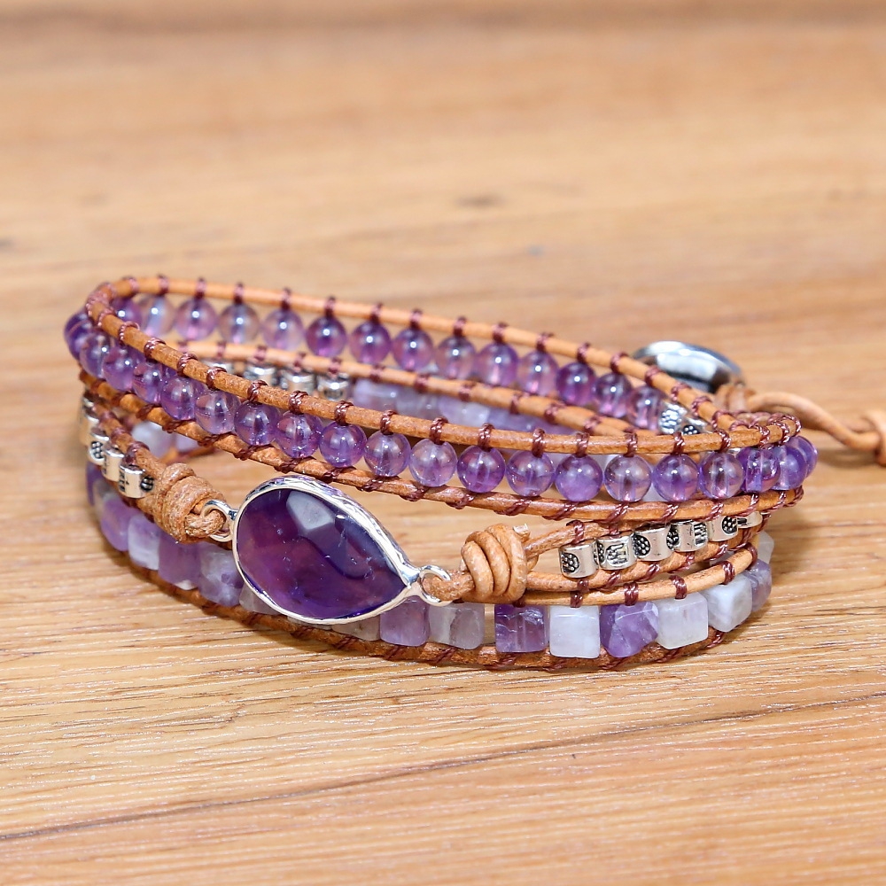 Fashion Handma Boho Bracelet Mixed Natural Amethyst Stones Heart Charm 5 Strands Wrap Bracelets Women Gift wholesales drop ship